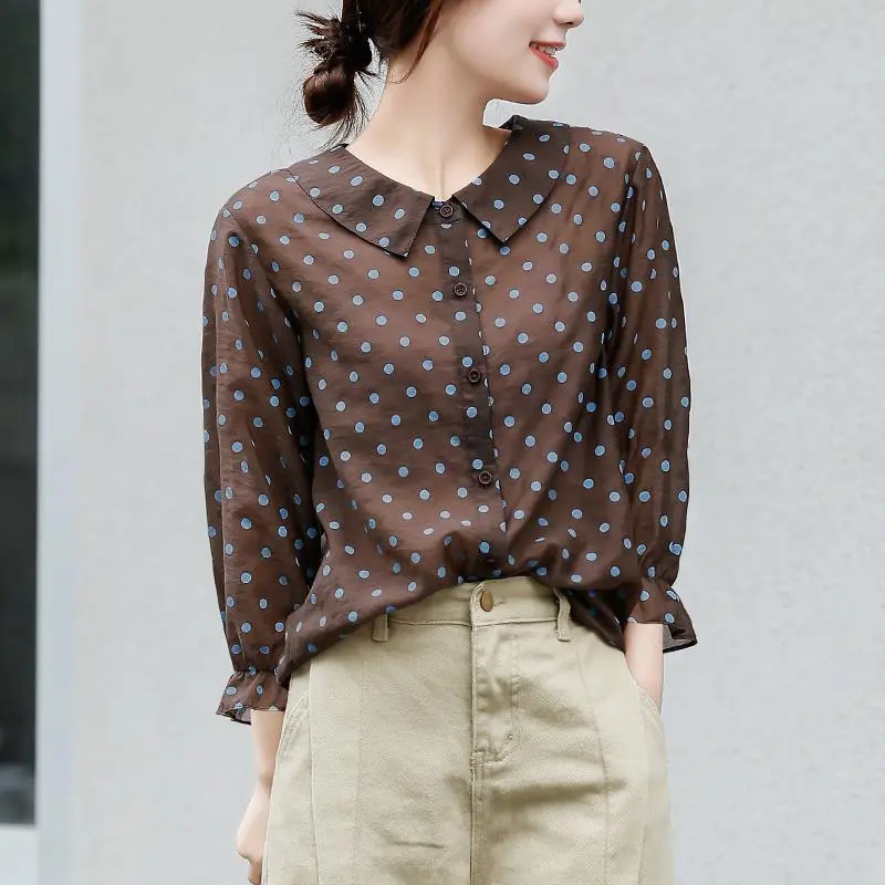 Women's Spring Autumn Style Blouse Shirt Women's Peter Pan Collar Button Polka Dots Elegant Loose Tops SP930
